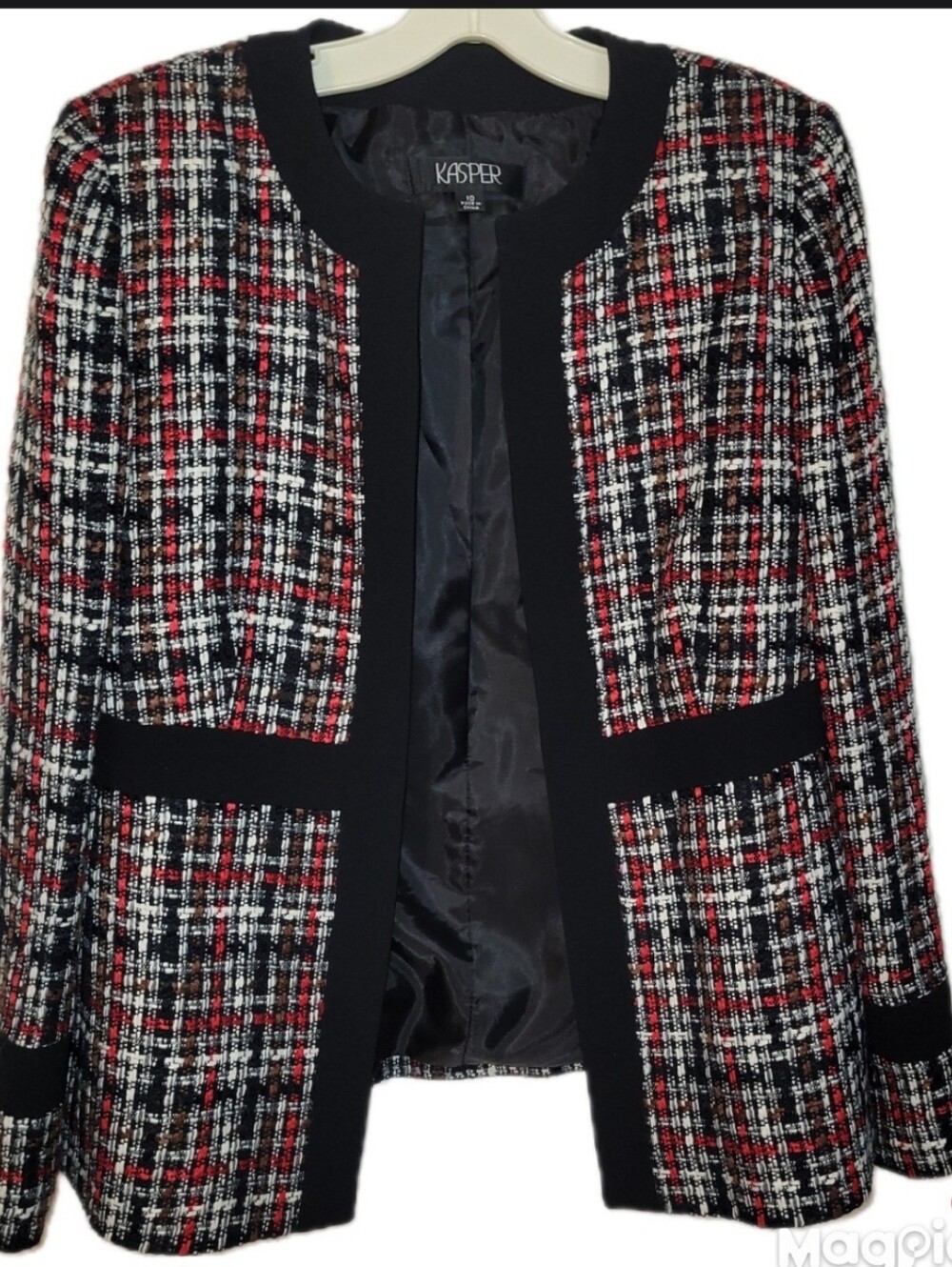 Kasper Women's Size 10 Red Black Trim Tweed Open Front Framed Business Jacket